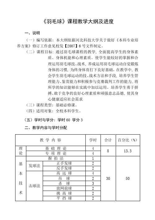 《羽毛球》课程教学大纲及进度