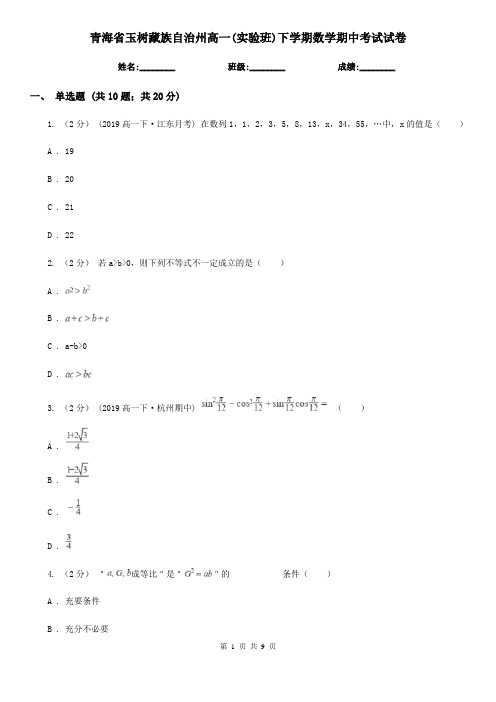 青海省玉树藏族自治州高一(实验班)下学期数学期中考试试卷