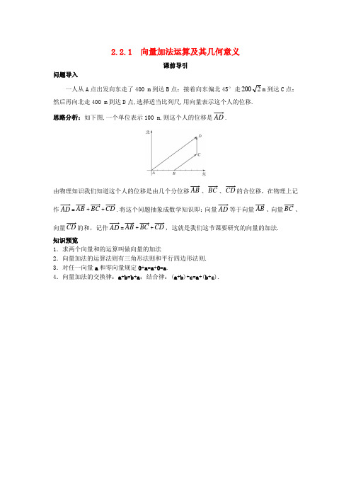 高中数学 第二章 平面向量 2.2 平面向量的线性运算 2.2.1 向量加法运算及其几何意义课前引导素材 新人教A版