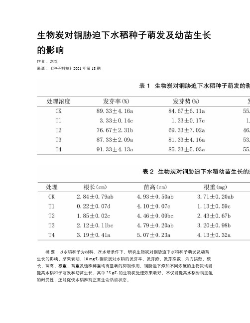 生物炭对铜胁迫下水稻种子萌发及幼苗生长的影响   