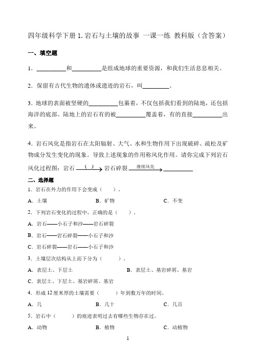 四年级科学下册1.岩石与土壤的故事 一课一练 教科版（含答案）