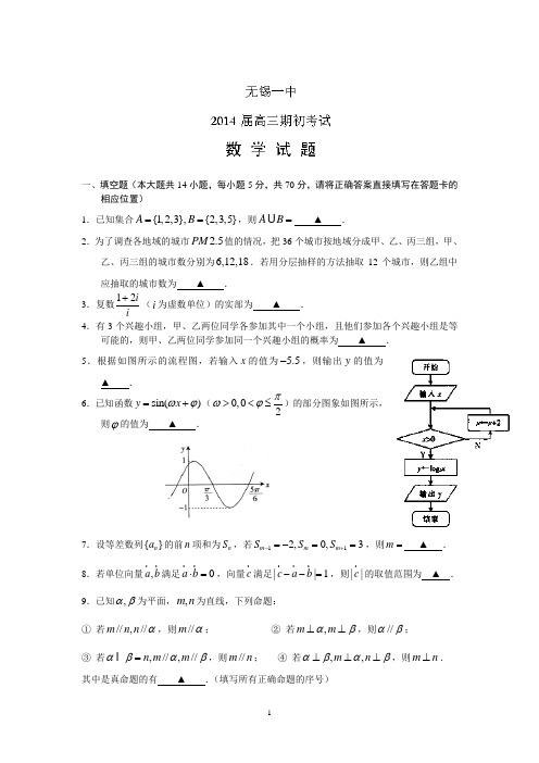 无锡一中2014届高三上学期期初考试数学试题