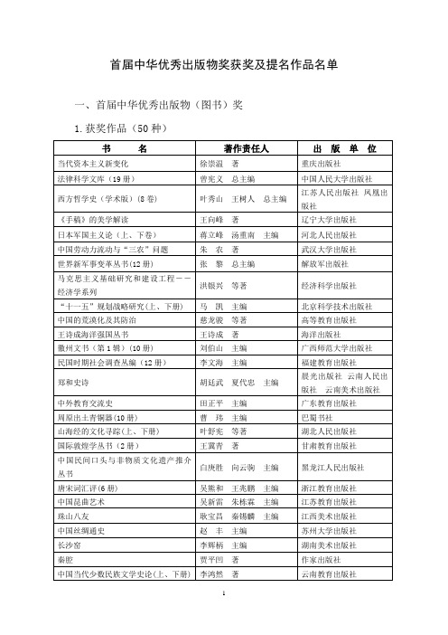 首届中华优秀出版物奖获奖及提名作品名单