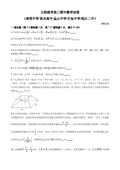 上海市五校2024-2025学年高三上学期期中联考数学试题(含答案)