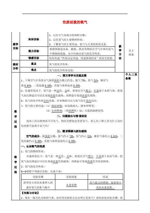 江苏省2019届九年级化学全册第二章身边的化学物质2.1性质活泼的氧气教案1新版沪教版11