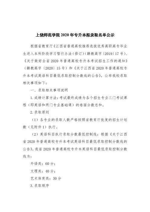 上饶师范学院2020年专升本拟录取名单公示