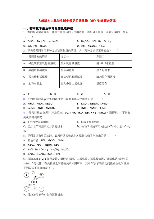 人教版初三化学生活中常见的盐易错(难)训练题含答案