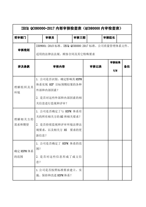 IECQ QC080000-内部审核检查表(QC080000内审检查表)