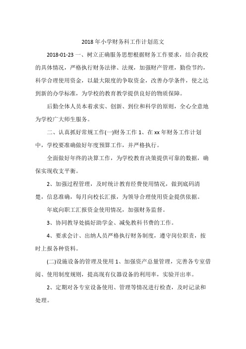 2018年小学财务科工作计划范文