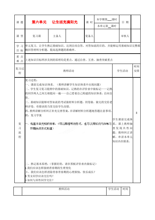 七年级政治下册《第六单元让生活充满阳光》复习教案 鲁教版