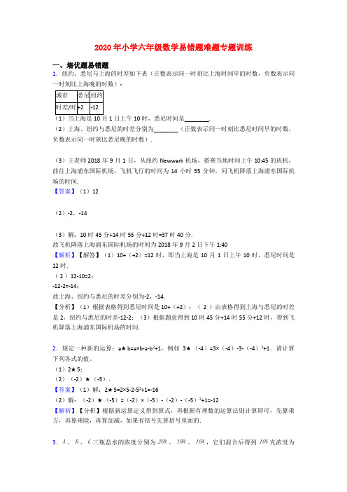 2020年小学六年级数学易错题难题专题训练