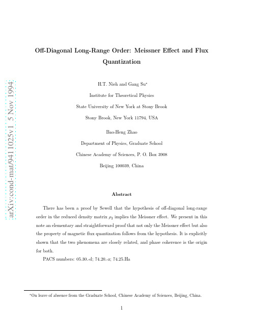 Off-Diagonal Long-Range Order Meissner Effect and Flux Quantization