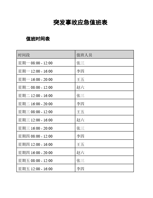 突发事故应急值班表