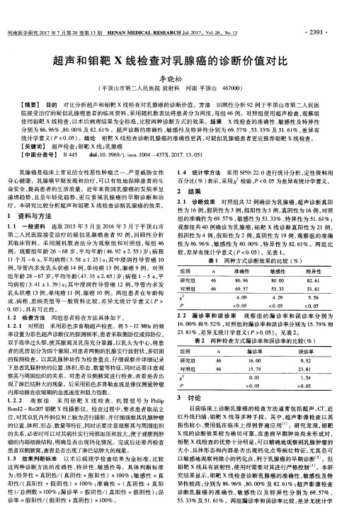 超声和钼靶X线检查对乳腺癌的诊断价值对比