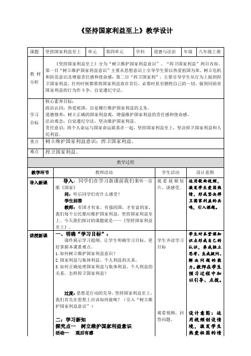 坚持国家利益至上+教案 部编版道德与法治八年级上册