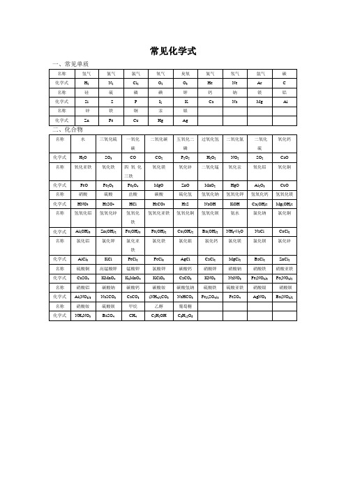 九年级化学化学常见物质化学式