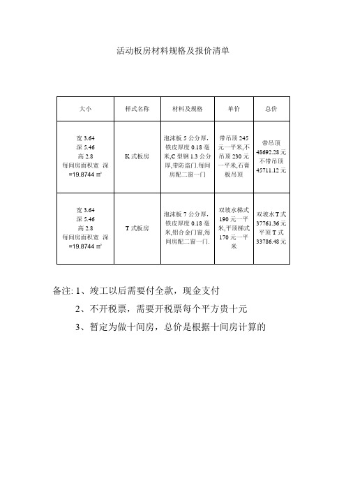 活动板房材料规格及报价清单