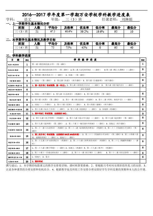 三(3)班第一学期万安学校语文学科教学计划表刘琳娟