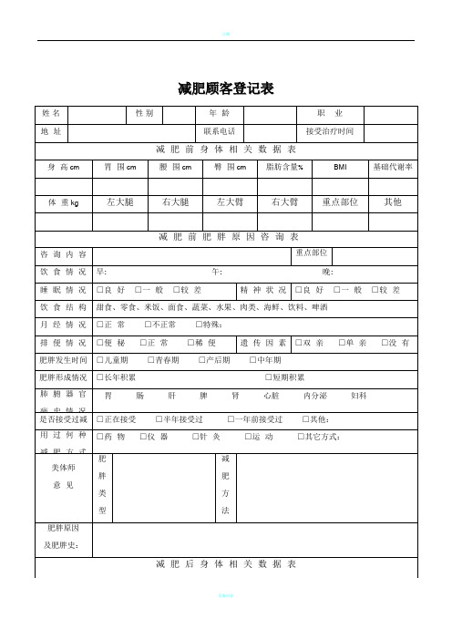 减肥顾客登记表