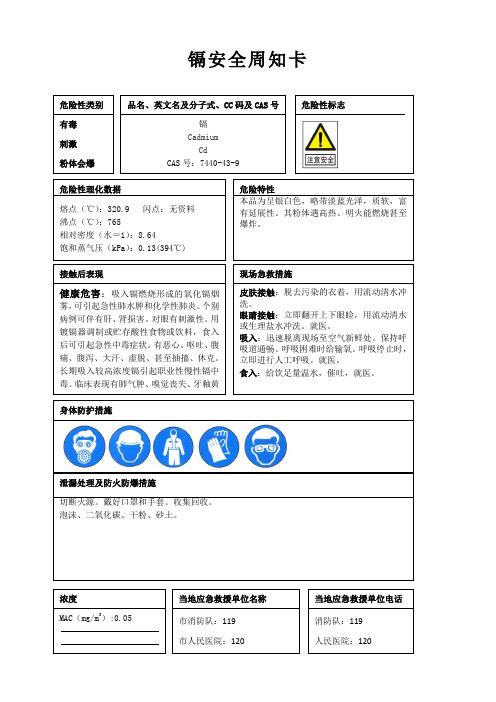 镉安全周知卡、职业危害告知卡、理化特性表