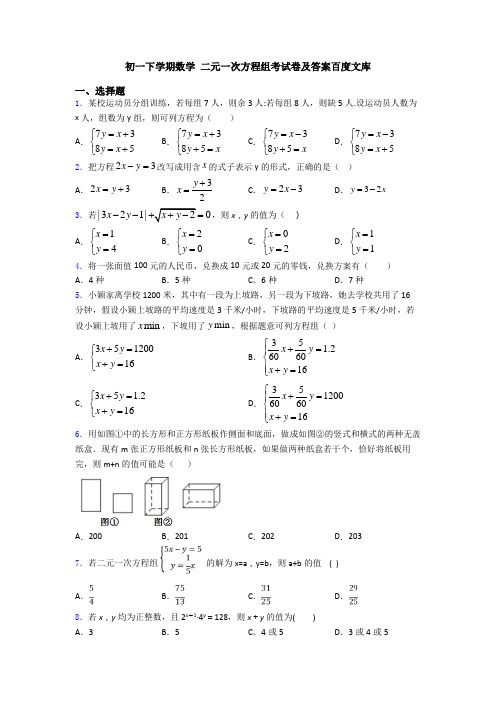 初一下学期数学 二元一次方程组考试卷及答案百度文库