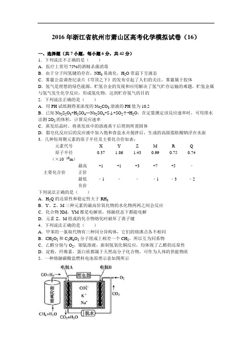 浙江省杭州市萧山区2016届高三化学模拟试卷(16) Word