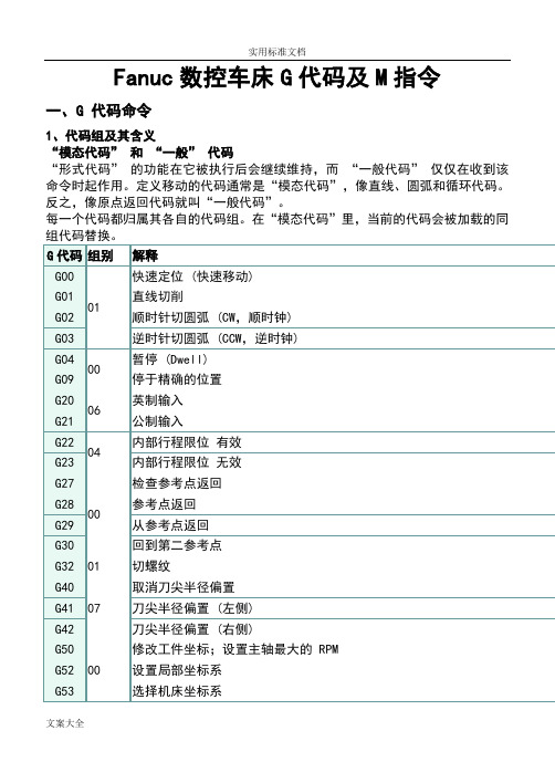 Fanuc数控车床G代码及M指令