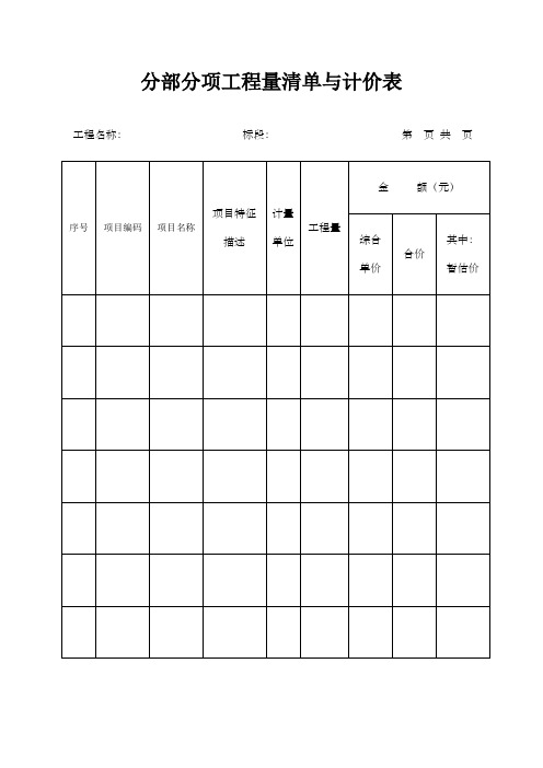 分部分项工程量清单与计价表表格