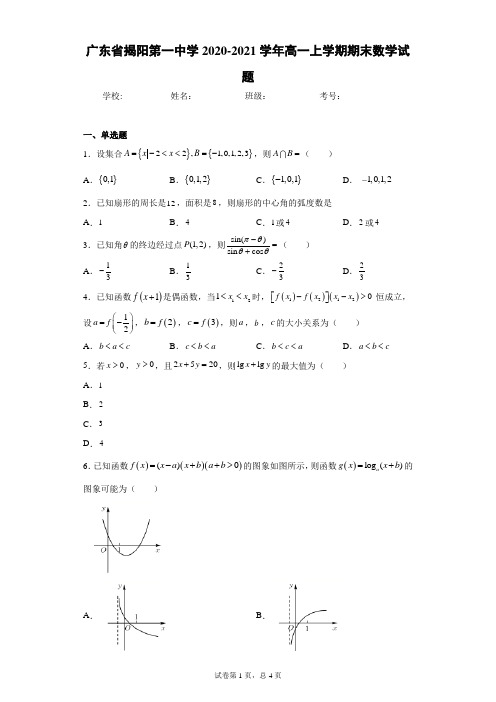 广东省揭阳第一中学2020-2021学年高一上学期期末数学试题