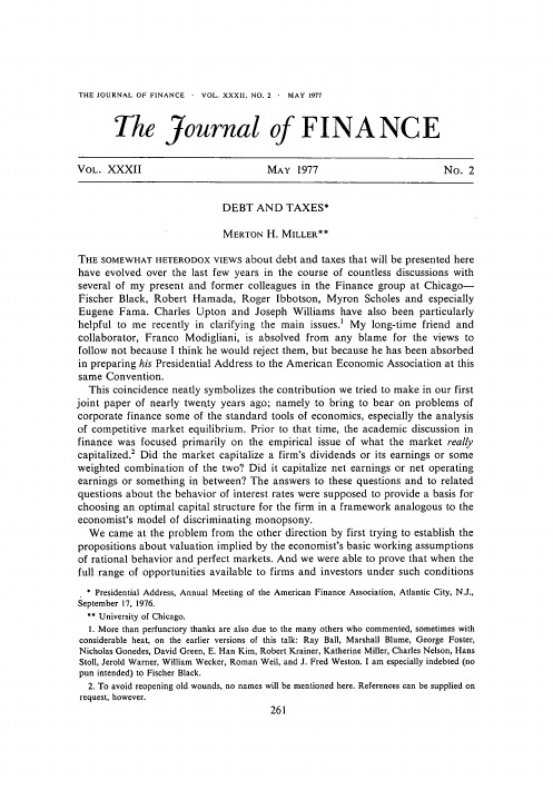 Debt And Taxes, Merton H. Miller, 1977