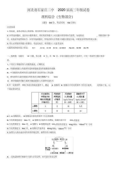 河北省石家庄二中2020年3月高三年级第三次月考理科综合生物(理综生物)试卷和答案版