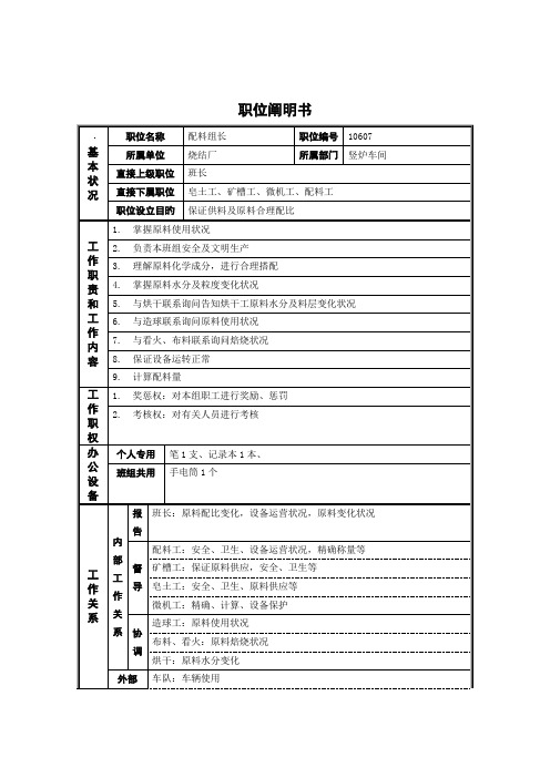 烧结厂竖炉配料组长岗位专项说明书