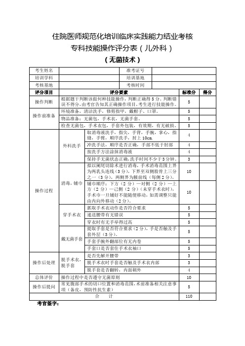 住院医师规范化培训临床实践能力结业考核专科技能操作评分表(儿外科)无菌技术