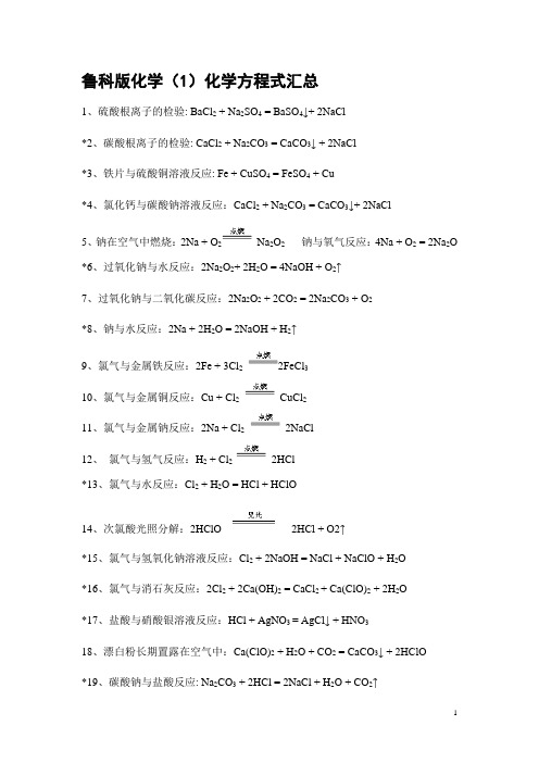 鲁科版必修一化学方程式汇总