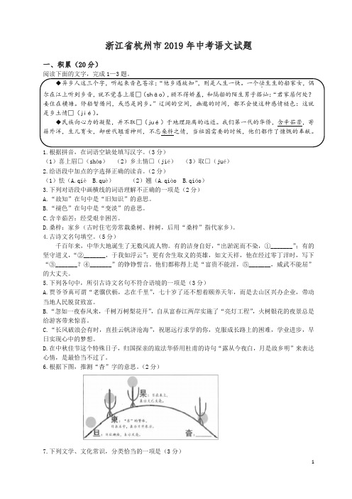 最新2019年浙江省杭州市中考语文试题含答案Word版.docx