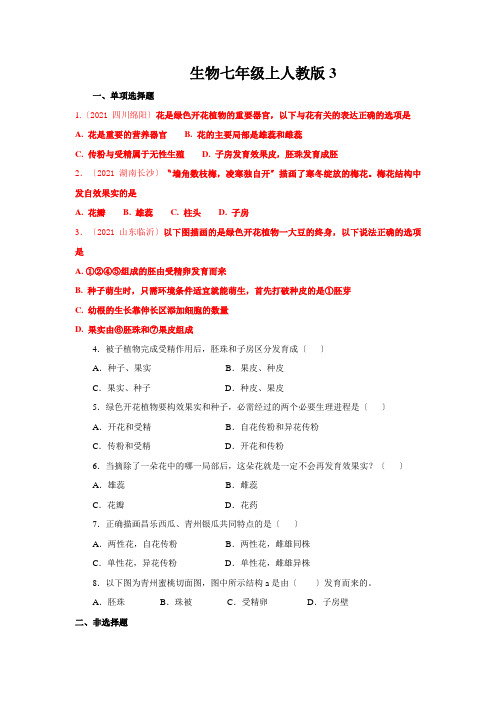 生物七年级上人教版3.2.3开花和结果同步检测及答案