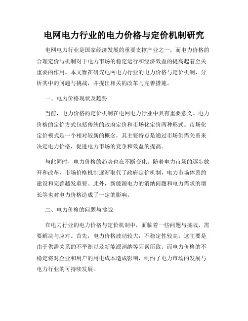 电网电力行业的电力价格与定价机制研究