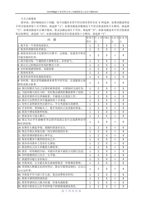 大五人格量表及计分方法