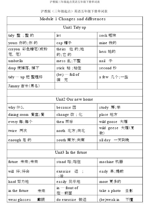 沪教版三年级起点英语五年级下册单词表