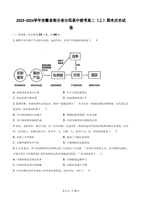 2023-2024学年安徽省部分省示范高中联考高二(上)期末历史试卷+答案解析(附后)