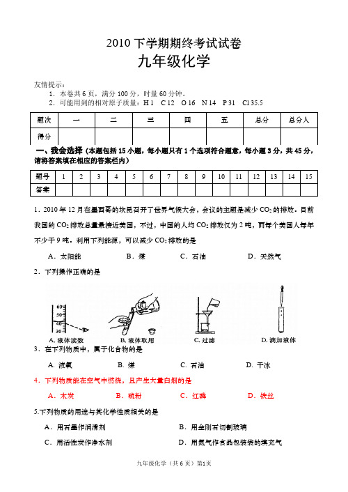 2010下学期期终化学考试试卷(含答案)