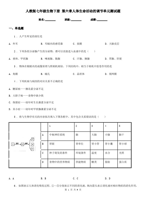 人教版七年级生物下册 第六章人体生命活动的调节单元测试题