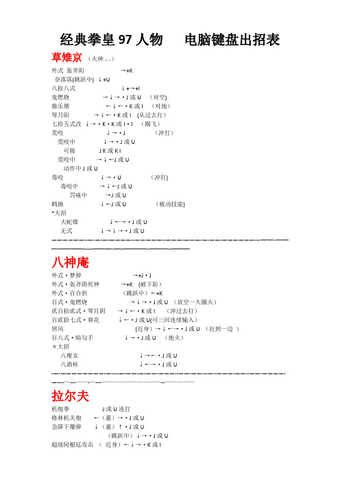 拳皇97人物绝对电脑键盘出招表(带图)