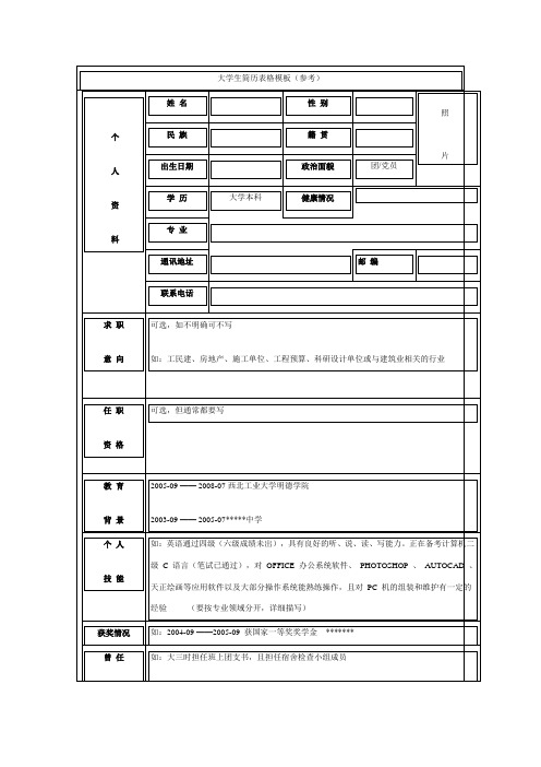 大学生简历表格模板(参考)