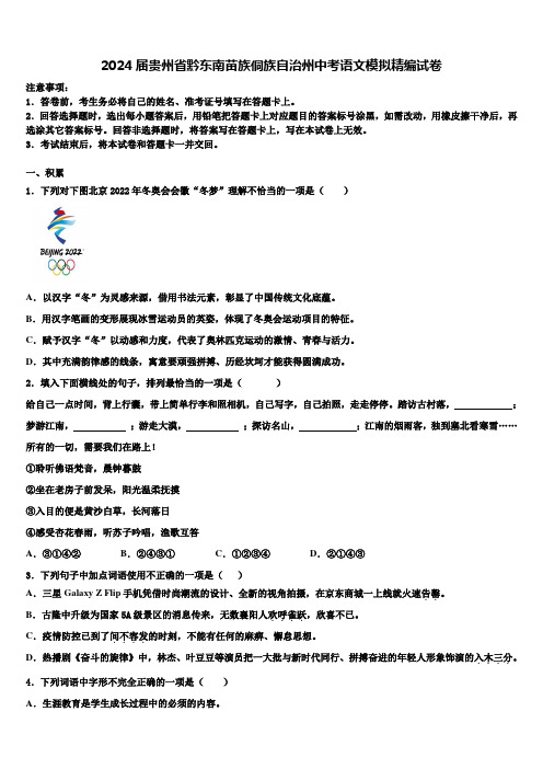 2024届贵州省黔东南苗族侗族自治州中考语文模拟精编试卷含解析