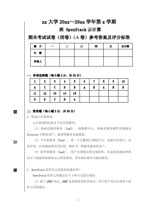 OpenStack云计算平台实战(微课版)-期末试卷(A)答案[4页]