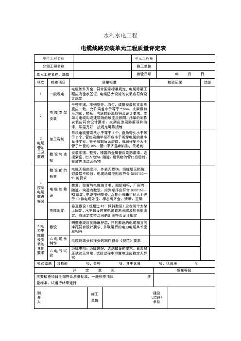 电缆线路安装单元工程质量评定表填表说明