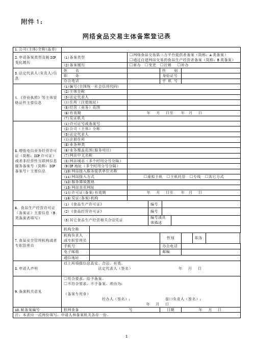 网络食品交易主体备案登记表