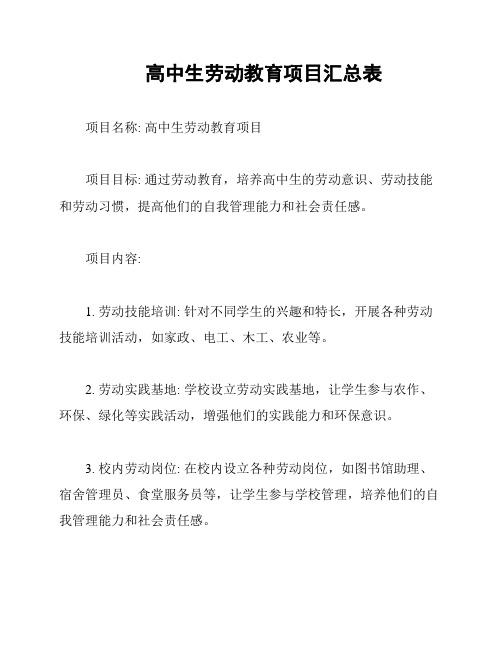 高中生劳动教育项目汇总表