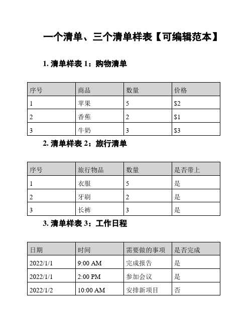 一个清单、三个清单样表【可编辑范本】